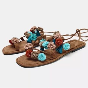 Zara Beaded Strappy Pom-Pom Sandals NWT